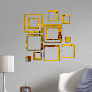Golden Box Shape 3D Acrylic Mirror Wall Sticker Decoration