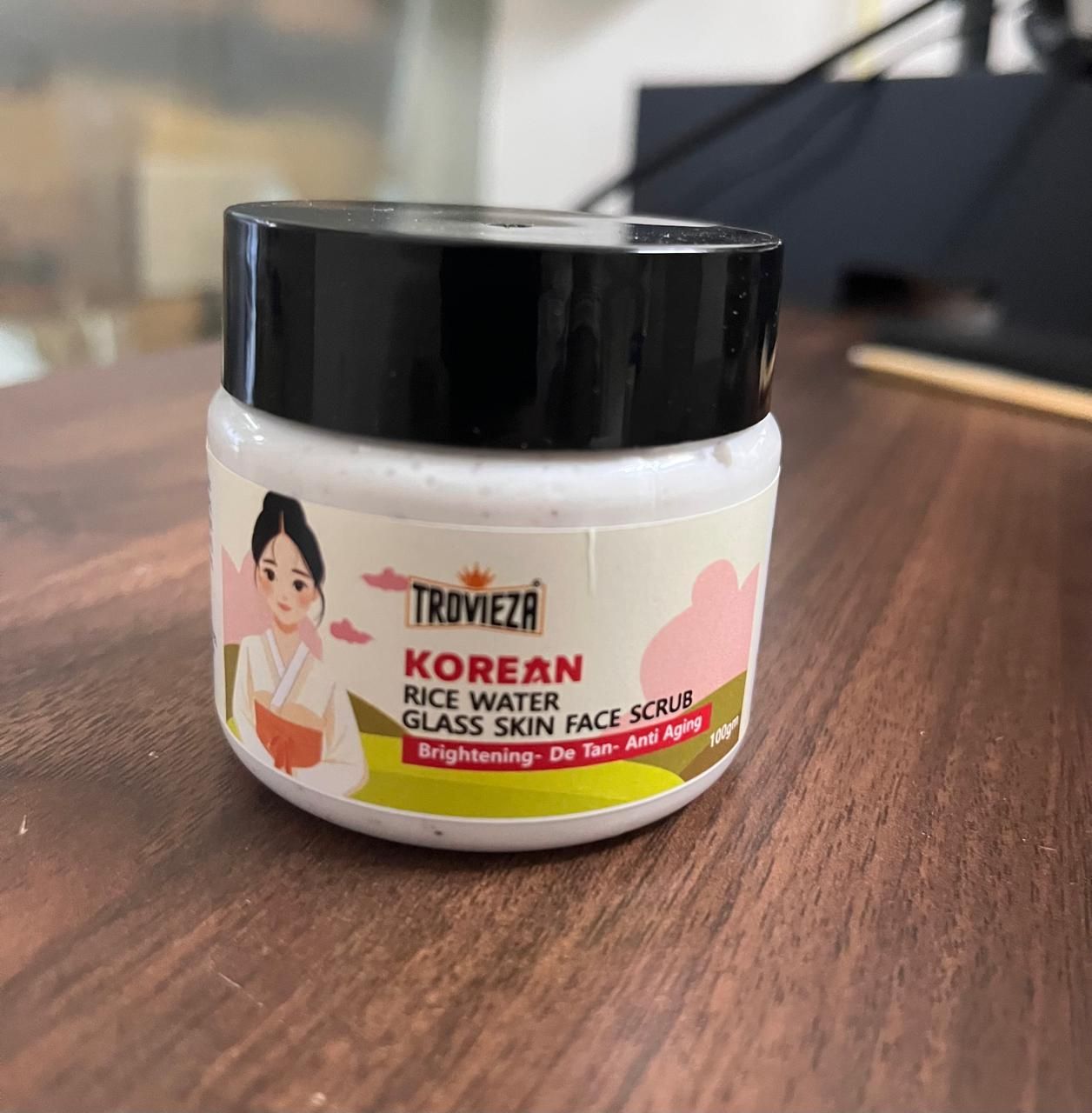 Trovieza Korean Rice water Glass Skin Face Scrub for Brightening skin, de tan & anti aging, for face & Body, Exfoliating, cleans pores, Moisturizing, 100gm