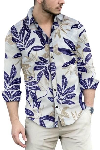 Men's Printed Shirt Cream & Navy Blue