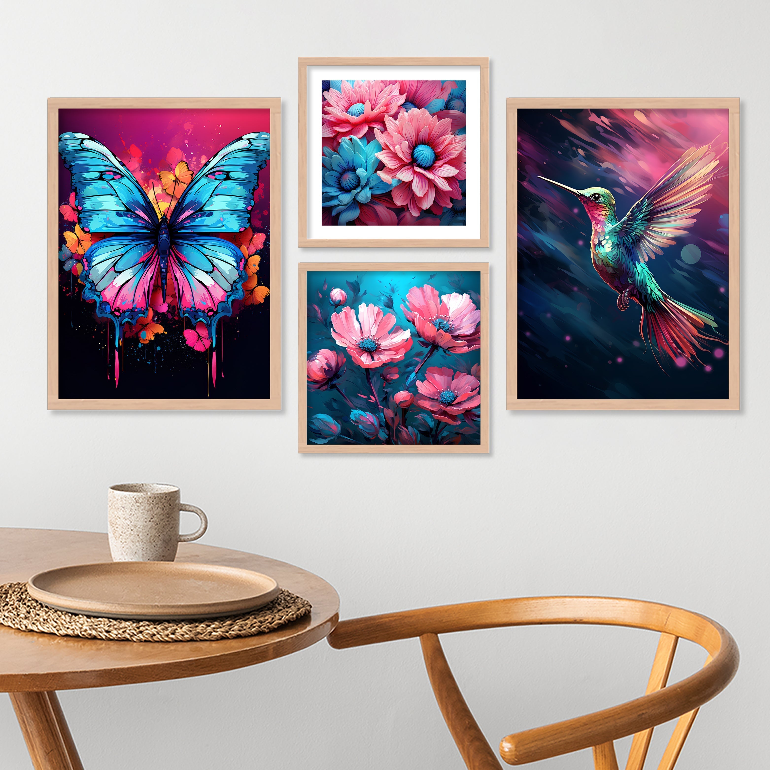 Flower With Sparrow And Butterfly