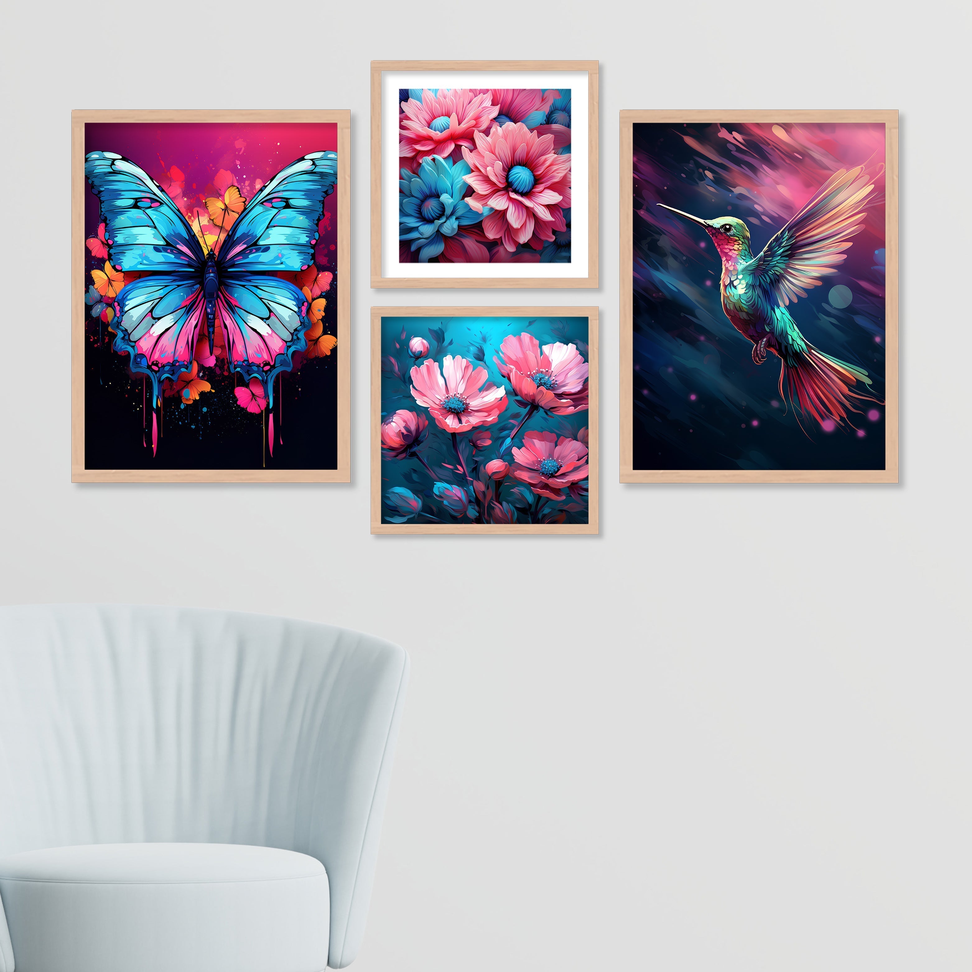 Flower With Sparrow And Butterfly